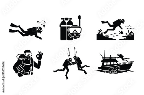 Scuba Diving Icons: Divers, Gear, and Boat