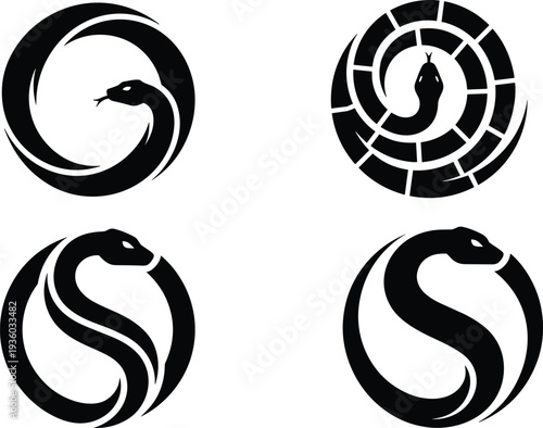 Snake logo collection with circular serpent silhouettes, minimalist reptile emblem vector set isolated on white background for tattoo, wildlife branding and mascot design
