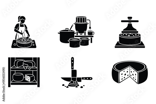 Cheese Making Icons: Woman, Kitchen, and Products