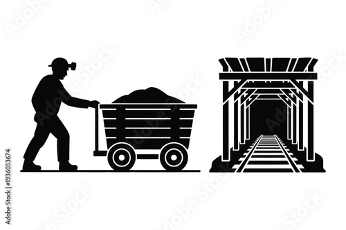 Miner Pushing Cart Through Mine Shaft Entrance