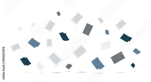 Multiple flat, rectangular document pages in shades of blue, grey, and white are gently floating against a plain white background.