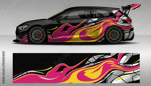Sporty black car with vibrant pink and yellow flame decal design and geometric patterns on its side.
