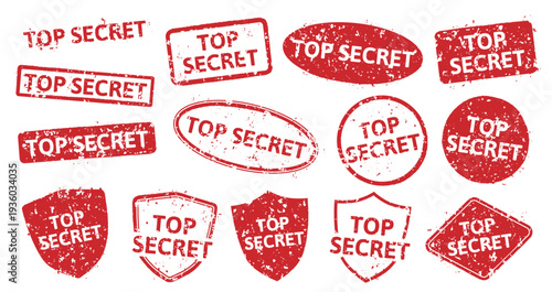 A collage of red distressed Top Secret stamps in various shapes rectangles, circles, ovals, and shields on a white background. Vector illustration.