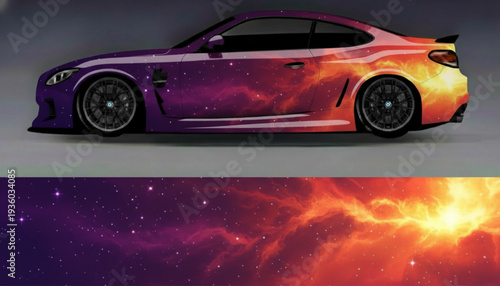 A car with a galaxy and nebula wrap, transitioning from purple stars to fiery orange clouds.