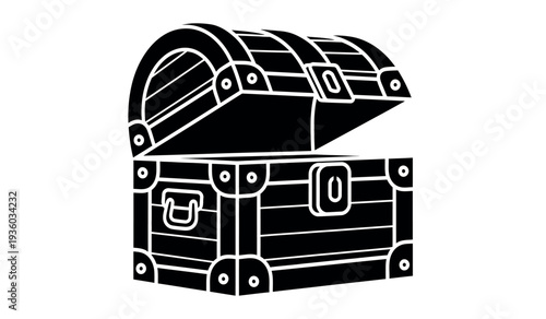 A black and white illustration of an open treasure chest with a curved lid and metal hardware