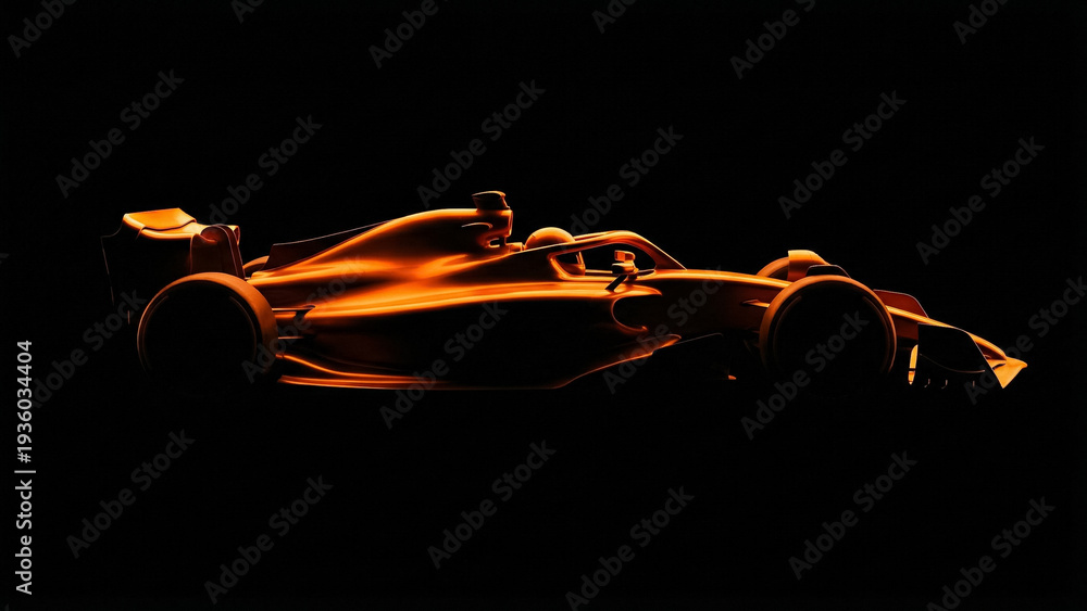Fototapeta premium minimalist side profile of formula one car in gold colors on black background with elegant lines and studio lighting