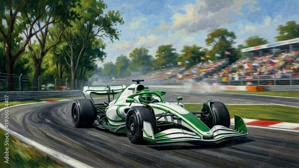 Fototapeta premium oil painting style illustration of green formula one car on racing track surrounded by trees and fans with flags on stands