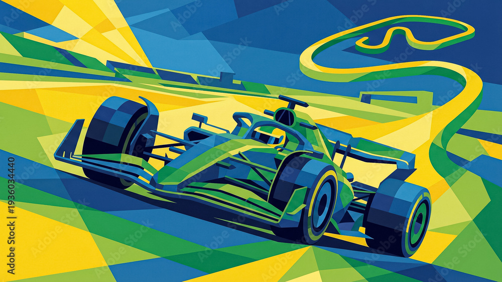 Fototapeta premium abstract geometric illustration of a racing car in yellow and blue tones depicting movement on the interlagos circuit under the bright sun in a stylish poly art way