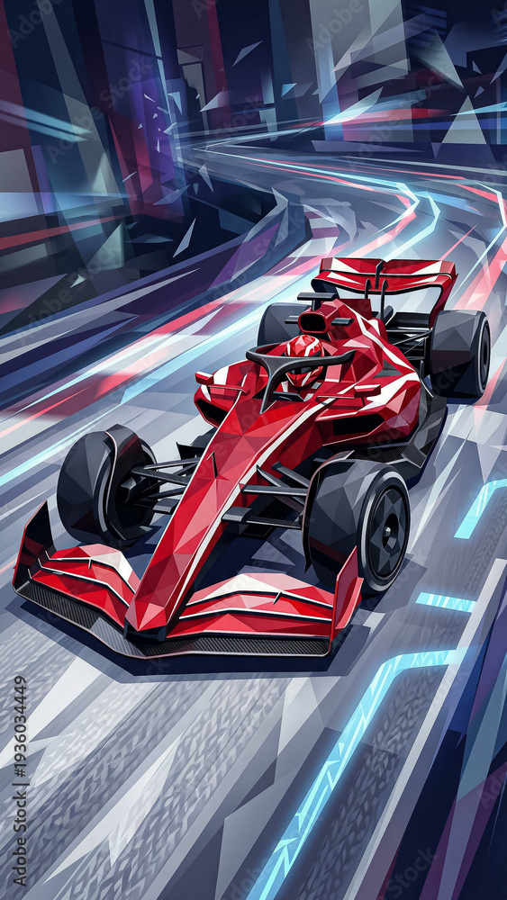 Fototapeta premium vertical illustration of a red racing car on a futuristic track with dynamic lines and geometric shapes creating a sense of rapid movement through a modern city
