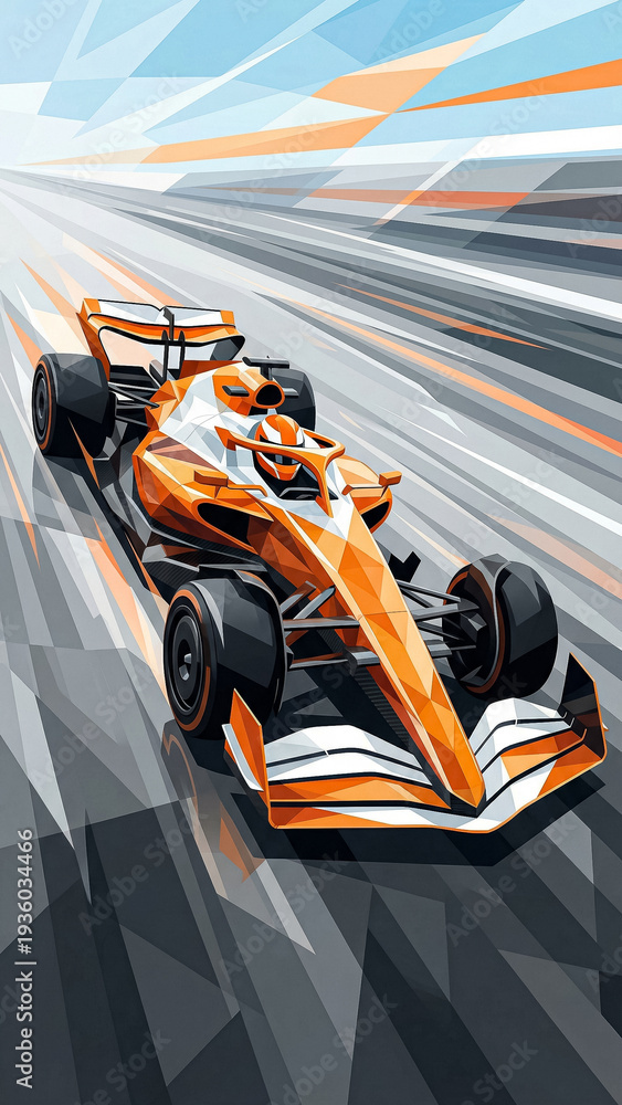 Naklejka premium white and orange racing car on a bright track background with clean lines and minimalist polygonal style highlighting the elegance and power of the prototype