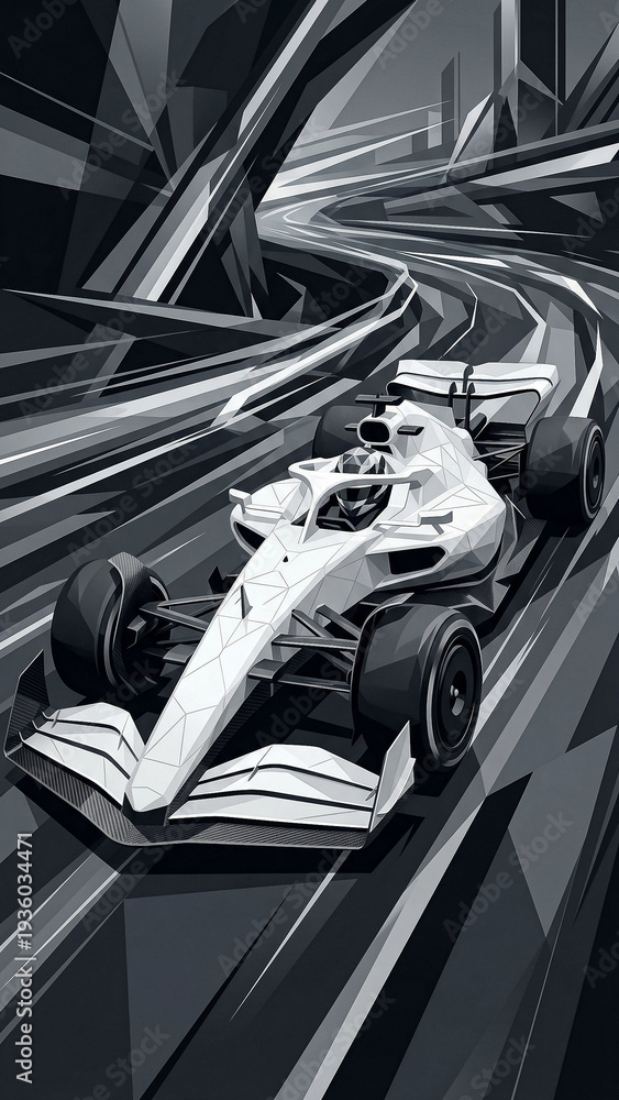 Fototapeta premium black and white graphics of a racing car on a winding track monochrome style emphasizing form light play and the drama of the world championship competition