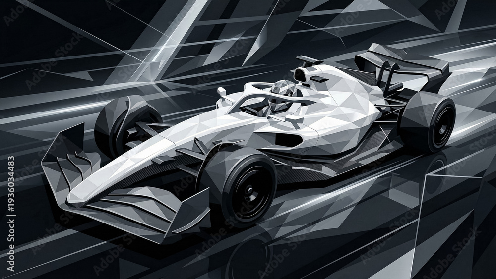 Fototapeta premium minimalist black and white image of a formula 1 racing car in low poly style on a dark background with motion effect and geometric shapes