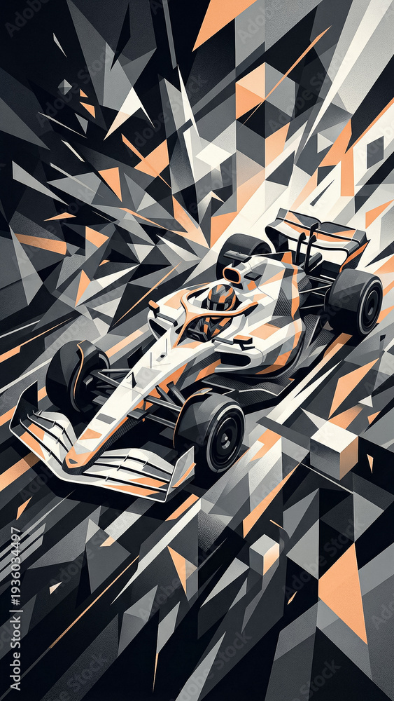 Fototapeta premium vertical abstract composition with a formula 1 racing car broken into shards and geometric shapes in a grey and orange color palette design