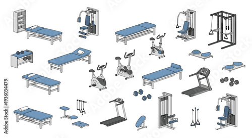 A comprehensive collection of diverse isometric gym and physical therapy equipment, including treadmills and blue treatment tables, is arranged on a white background.