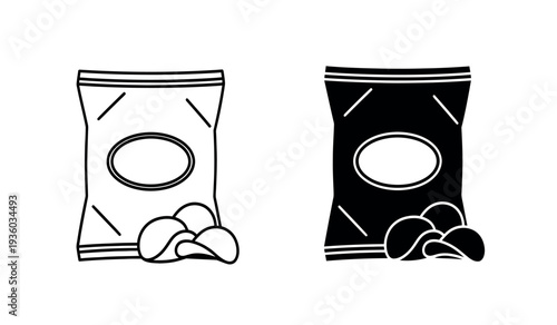 Black and white illustration of two snack bags with chips