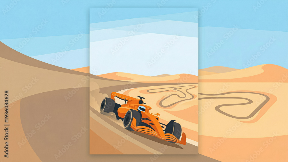 Fototapeta premium minimalist illustration of an orange racing car maneuvering among the sand dunes of the desert with a simple style emphasizing the contrast between modern technology and nature