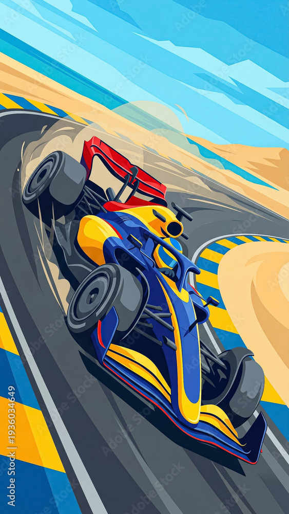 Naklejka premium top view of a racing car in a bright livery entering a sharp turn on the track with a combination of blue yellow and red colors against the background of sand and the sea