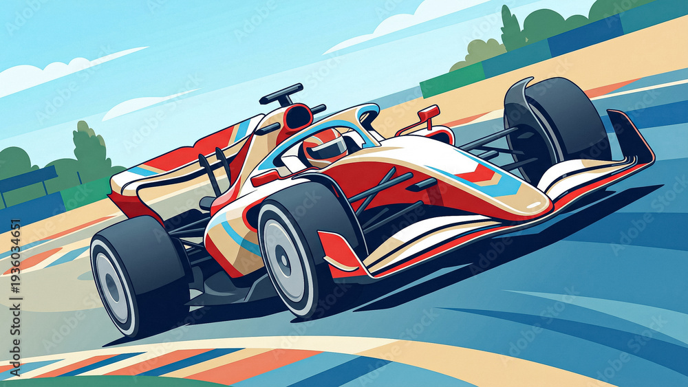 Fototapeta premium stylized image of a white and red racing car rapidly passing a turn on a track with an emphasis on speed and the streamlined shapes of the car in a classic racing color scheme