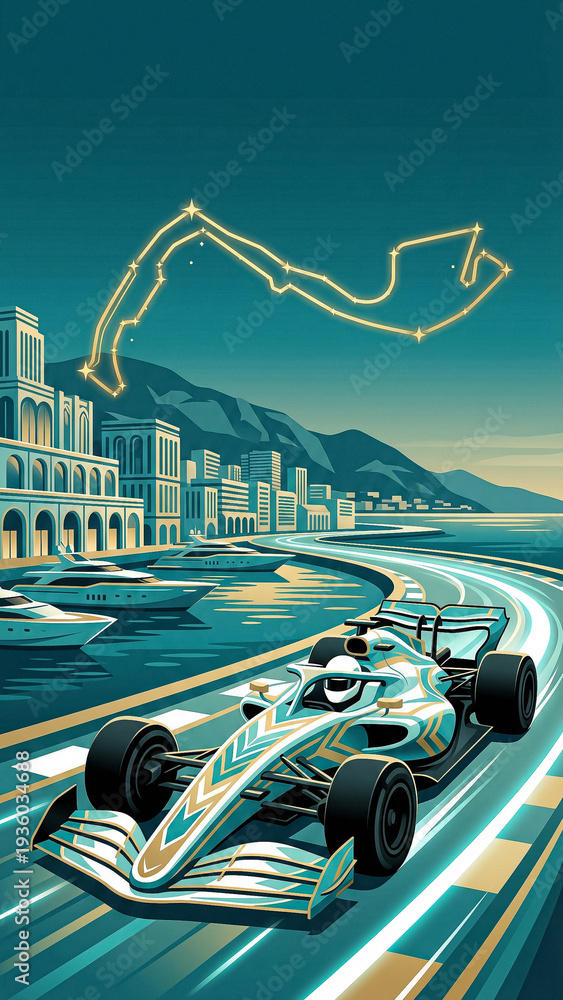 Naklejka premium racing car with geometric patterns speeding along a city coastal track at sunset under a constellation of the circuit map with yachts and mountains in background.
