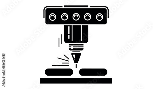 Black and white illustration of a laser engraver machine cutting through material on a flat surface