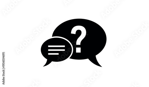 Black and white illustration of two speech bubbles with question mark and text lines