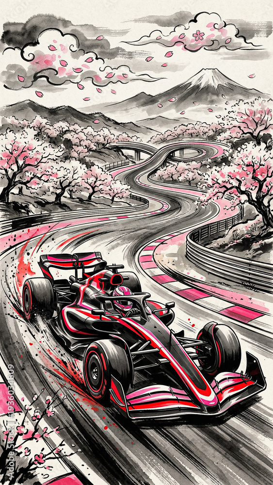 Fototapeta premium powerful race car in the foreground with a winding track leading to the foot of mount fuji at suzuka surrounded by falling sakura petals and clouds