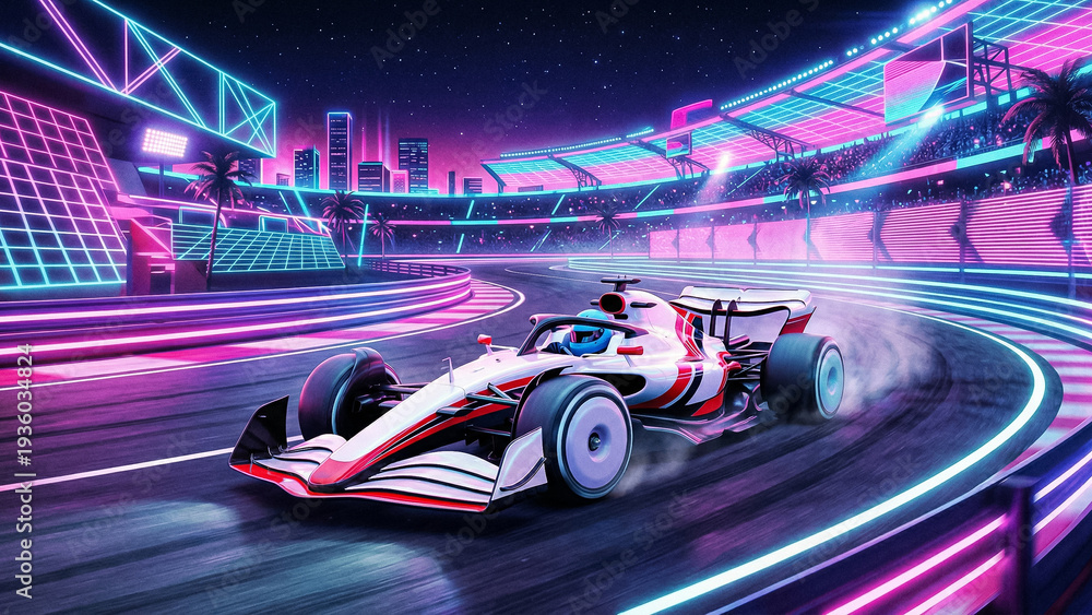 Naklejka premium white and red race car on a neon track in cyberpunk style with glowing stands palm trees and skyscraper silhouettes under a starry night sky in miami