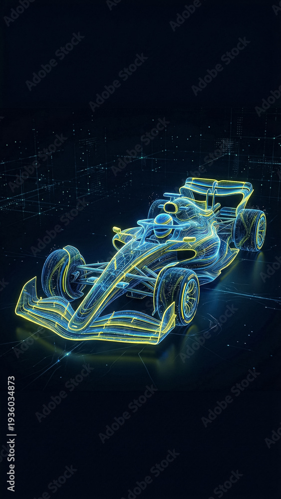Naklejka premium futuristic digital grid of a racing car in blue and yellow tones on a dark background with neon lines creating a high-tech image of a concept car for future competitions