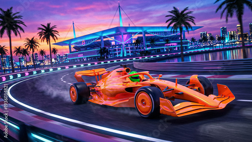 futuristic orange formula 1 car on a night city track with a modern stadium and palm trees under a purple sunset sky and neon lights in miami