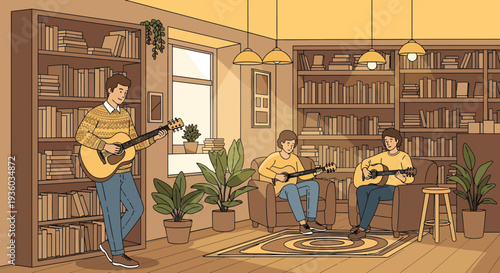 Three people playing acoustic guitars in a cozy room.