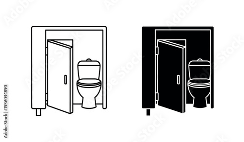 Black and white line drawing of a toilet with door open showing interior and exterior