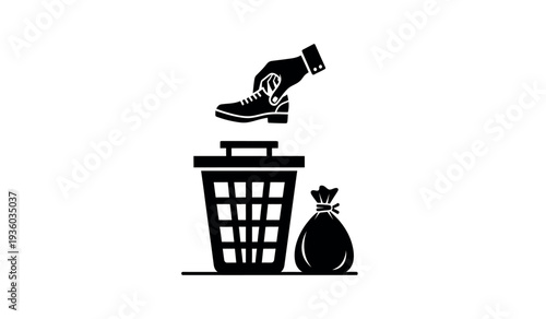 Black silhouette of a sneaker above a trash can with a money bag