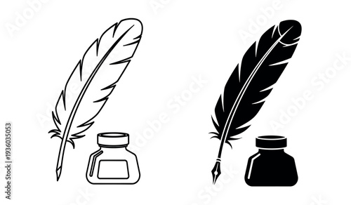 Two quill feathers with ink bottles in black and white