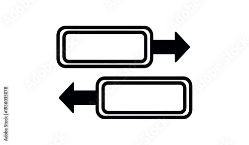 Two rectangular labels with arrows pointing in opposite directions for workflow or process diagram