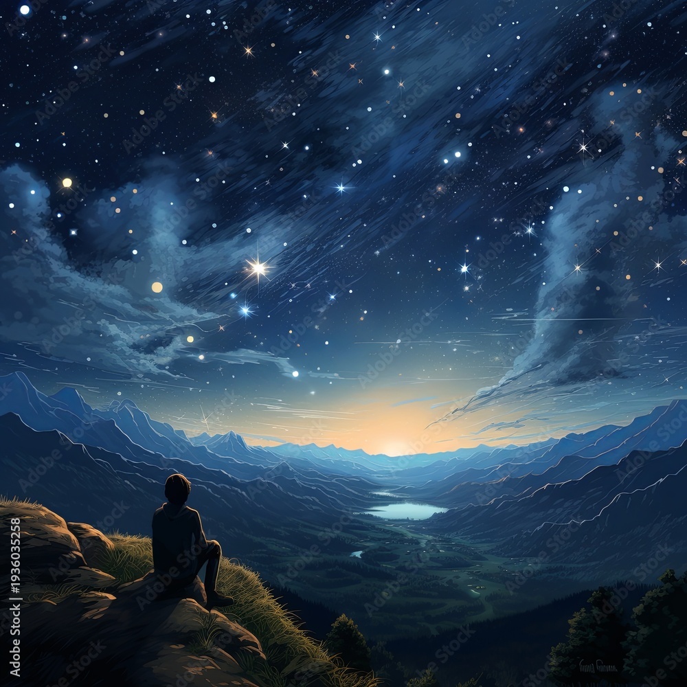 Obraz premium Serene Mountain Vista A Lone Observer Beneath a Starry Expanse at Twilight Hour
