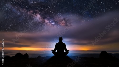 Silhouette of meditating person with the Milky Way glowing behind at night