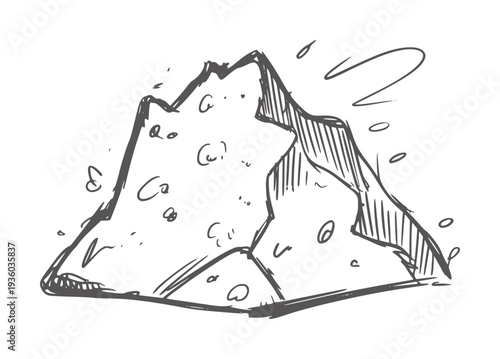 Black and white of a rocky mountain peak with scattered debris