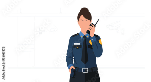 A female police officer with a bun stands, holding a walkie-talkie to her mouth, wearing a dark blue uniform against a light background.