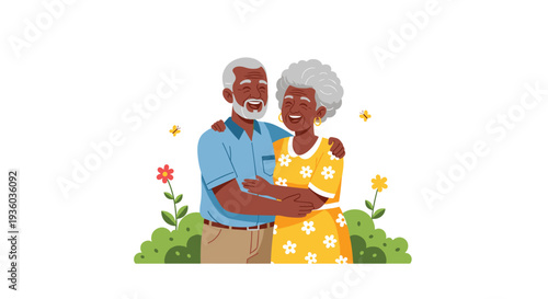 A joyful elderly African American couple with grey hair embraces and laughs in a vibrant garden setting with flowers and butterflies.