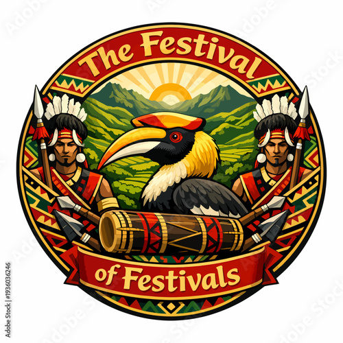 The Festival of Festivals emblem featuring hornbill and warriors with drums, symbolizing northeastern unity, courage, and the shared spirit of India’s living tribal heritage