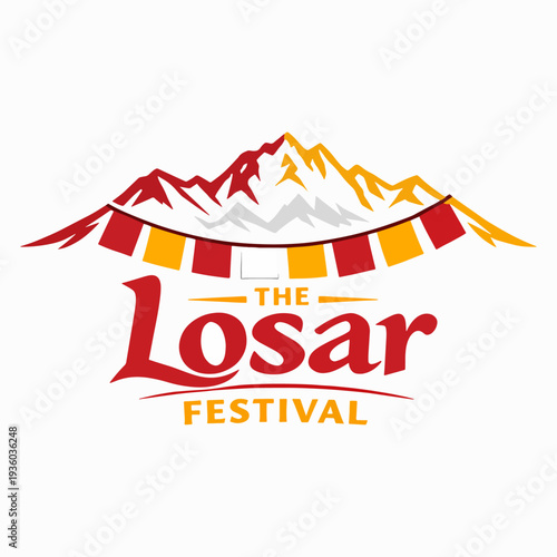 Vibrant Losar Festival logo featuring mountains, flags, and sunlight, celebrating Tibet and Sikkim’s joy, renewal, prosperity, and prayers welcoming the sacred New Year season