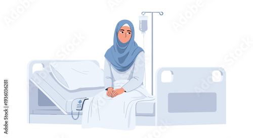 A woman wearing a blue hijab and white gown sits upright on a hospital bed with an IV stand nearby.