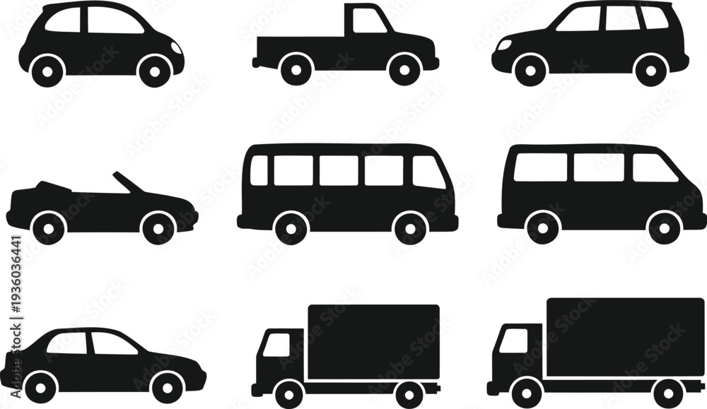 Fototapeta premium Collection of diverse black vehicle silhouettes including cars vans trucks and buses isolated on white