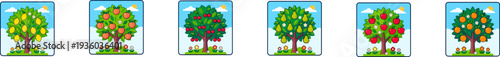 Collection of pixel art fruit tree icons on white background