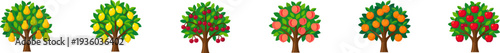 Set of colorful fruit tree icons isolated on white background