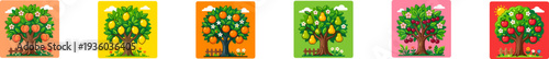 Colorful icons of fruit trees with apples pears and oranges