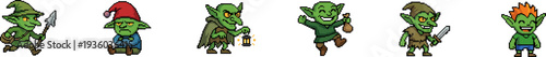 Fantasy green goblin character set with varied weapons and gear