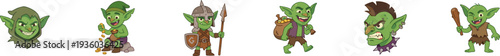 Set of assorted green goblin characters with fantasy weapons