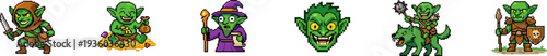 Set of pixel art green goblin characters with various weapons