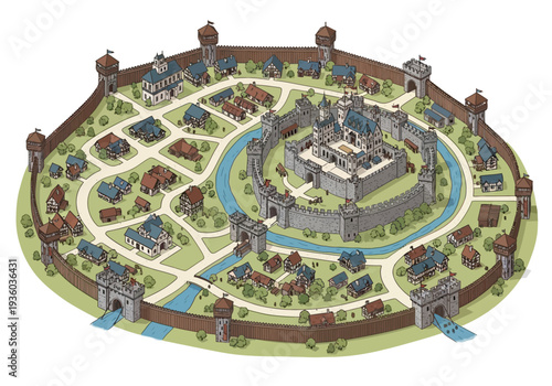 Aerial view of a medieval castle surrounded by a fortified wall and village